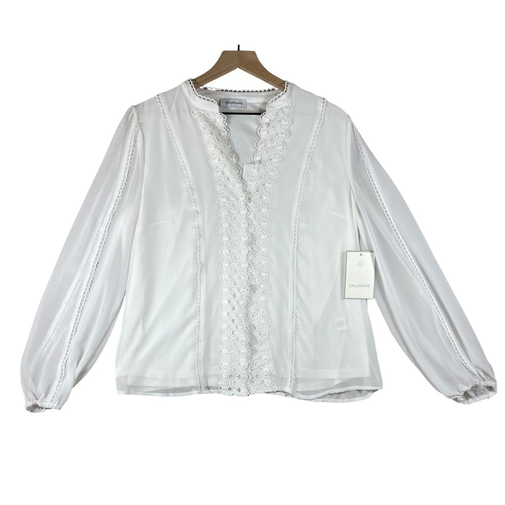 Calligraphie White Lace Trim V-Neck Blouse Sheer Lined Top Etheral‎ Cottage NWT